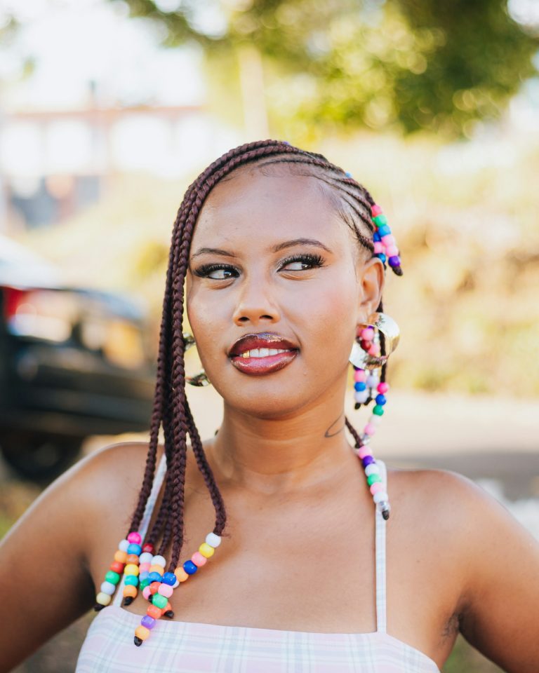 Detail of beaded Fulani braids at Awa Hair Braiding San Diego